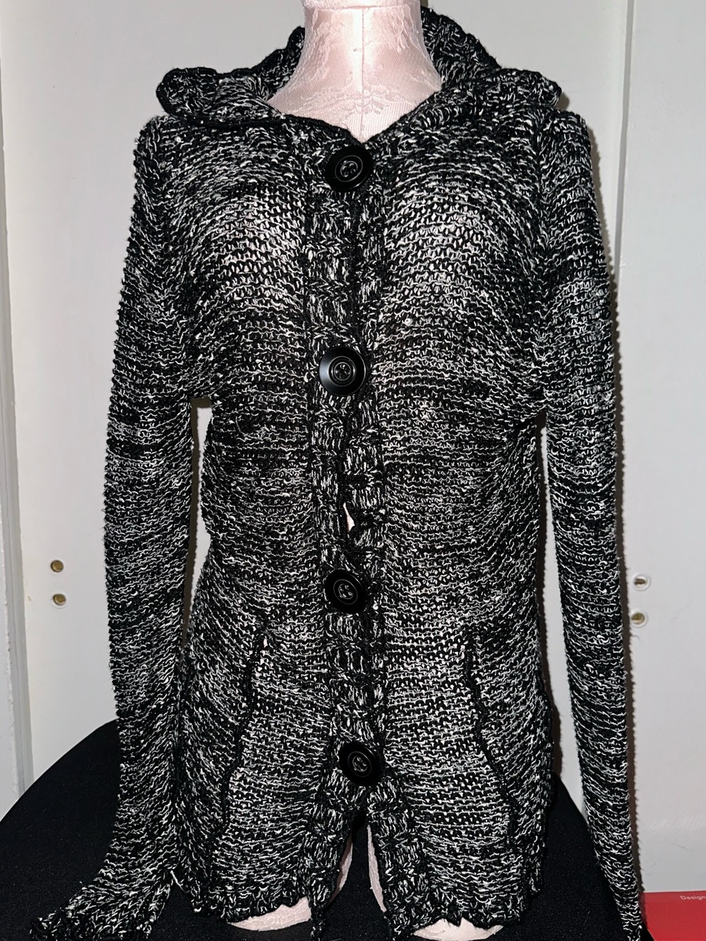 BCBGMaxAzria Black & White Marled Hooded Button Cardigan
